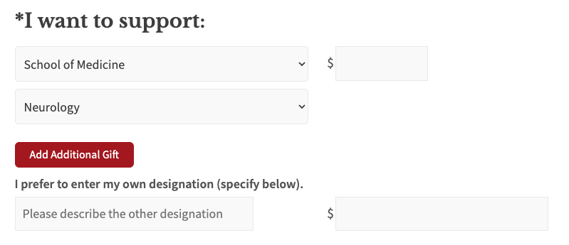 Graphic showing how to choose the Department of Neurology in the online giving form