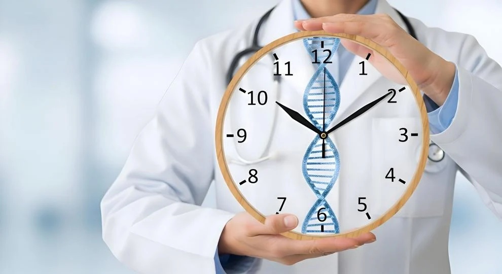 Person in lab coat holds clock with DNA strand through middle
