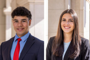 Seniors Omar Abdelmoity (left) and Marilee Karinshak have both leveraged their talents as scientists and communicators to help underserved populations. (Photos: Joe Angeles/WashU)