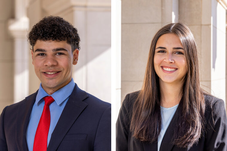 Seniors Omar Abdelmoity (left) and Marilee Karinshak have both leveraged their talents as scientists and communicators to help underserved populations. (Photos: Joe Angeles/WashU)