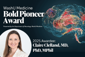 Award announcement graphic featuring an image of a brain and a headshot of Claire Clelland.