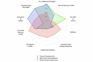 Radar plot of developmental outcome profiles at age 5 to 6 years for children with a history of acute provoked neonatal seizures. Each group is designated with a different color: green for Typical Development, blue for Behavioral Dysregulation and red for Multi-Domain Impairment. The distance from the center of the plot indicates the percentage of individuals in that group with each outcome. The outcomes include epilepsy, cerebral palsy, ADHD, ASD and others.