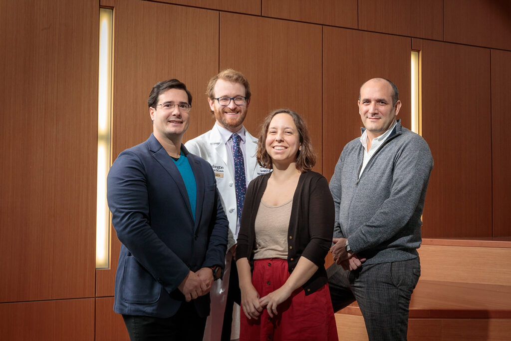 A team of Washington University researchers is receiving a Chan Zuckerberg Initiative award to support their research into the immune system's potential role in combating Alzheimer's disease. They are (from left) Carlos Cruchaga, PhD; Gregory Day, MD; Celeste Karch, PhD; and Oscar Harari, PhD.