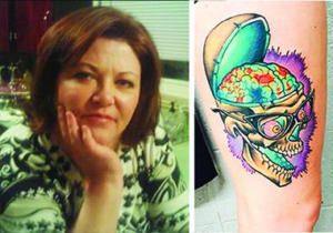 One February 25, 2015, Lori DeMoe McIntyre died of Alzheimer’s disease at age 56, after participating in DIAN research for nearly eight years. Her daughter Jessica McIntyre memorialized her mom with a large tattoo of Lori’s amyloid PIB PET scan. The younger McIntyre and one of her sisters participate in DIAN and DIAN-TU. [Courtesy of Jessica McIntyre, art by Joey Borger, Certified Customs, Denver, Colorado.]