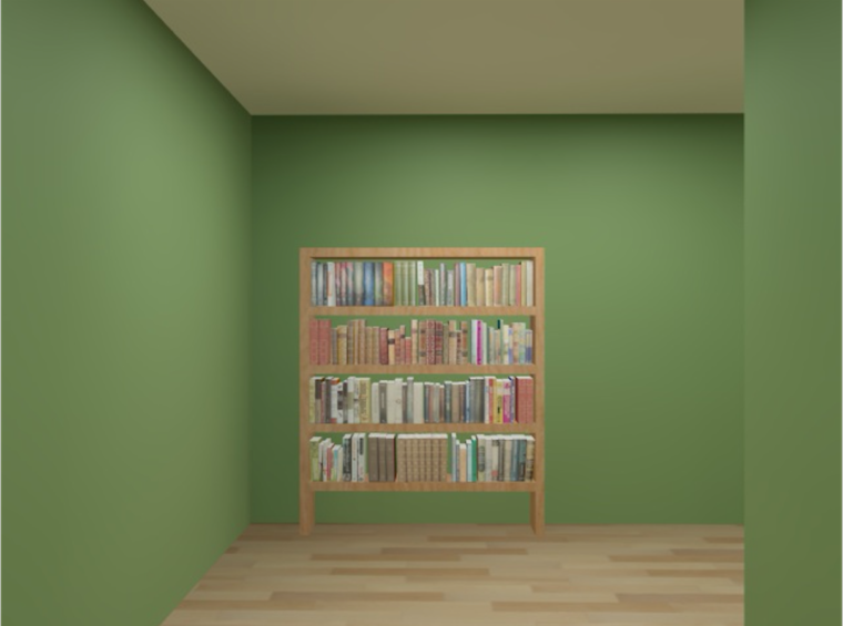 Participants in this Alzheimer’s disease study used a joystick to navigate a virtual maze and locate landmarks, such as this bookcase. (Image courtesy of Denise Head)