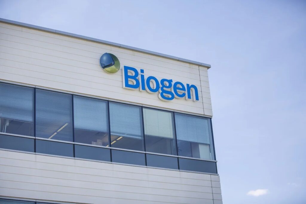 Signage is displayed on the exterior of Biogen Inc. headquarters in Cambridge, Massachusetts, U.S., on Friday, Aug. 5, 2016. Japan’s Eisai Co. said that an Alzheimer’s drug it is developing with Massachusetts-based Biogen Inc. will enter late-stage trials after getting the green light from the U.S. Food and Drug Administration. (Photographer: Bloomberg/Bloomberg)