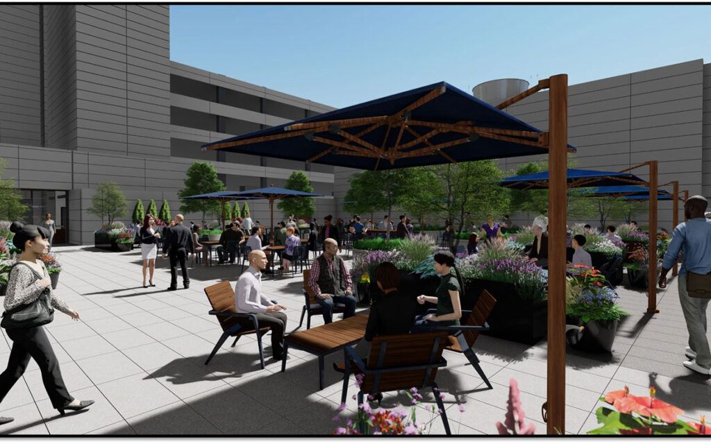 This rendering shows a large rooftop terrace on the third floor of the Neuroscience Research Building that can be used as a gathering place for employees and as an event space. Trees, such as elms, junipers and magnolias, will provide shade to help reduce heat during hotter months.